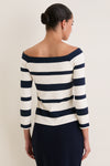 Liberty Stripe Knit Boyers Top: Classic off-the-shoulder, striped top with three-quarter sleeves, paired effortlessly with a navy pencil skirt for an elegant, high-end look.