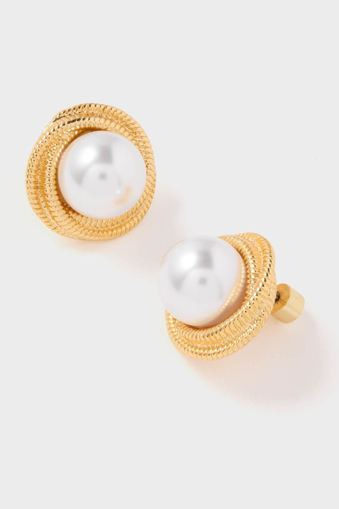 Gold Gigi Earrings: Classic gold-tone studs with faux pearls in textured frames, offering an effortless, high-end touch to any fun, vintage-inspired look.