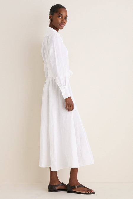White Linen Woven Collared Long Sleeve Dress