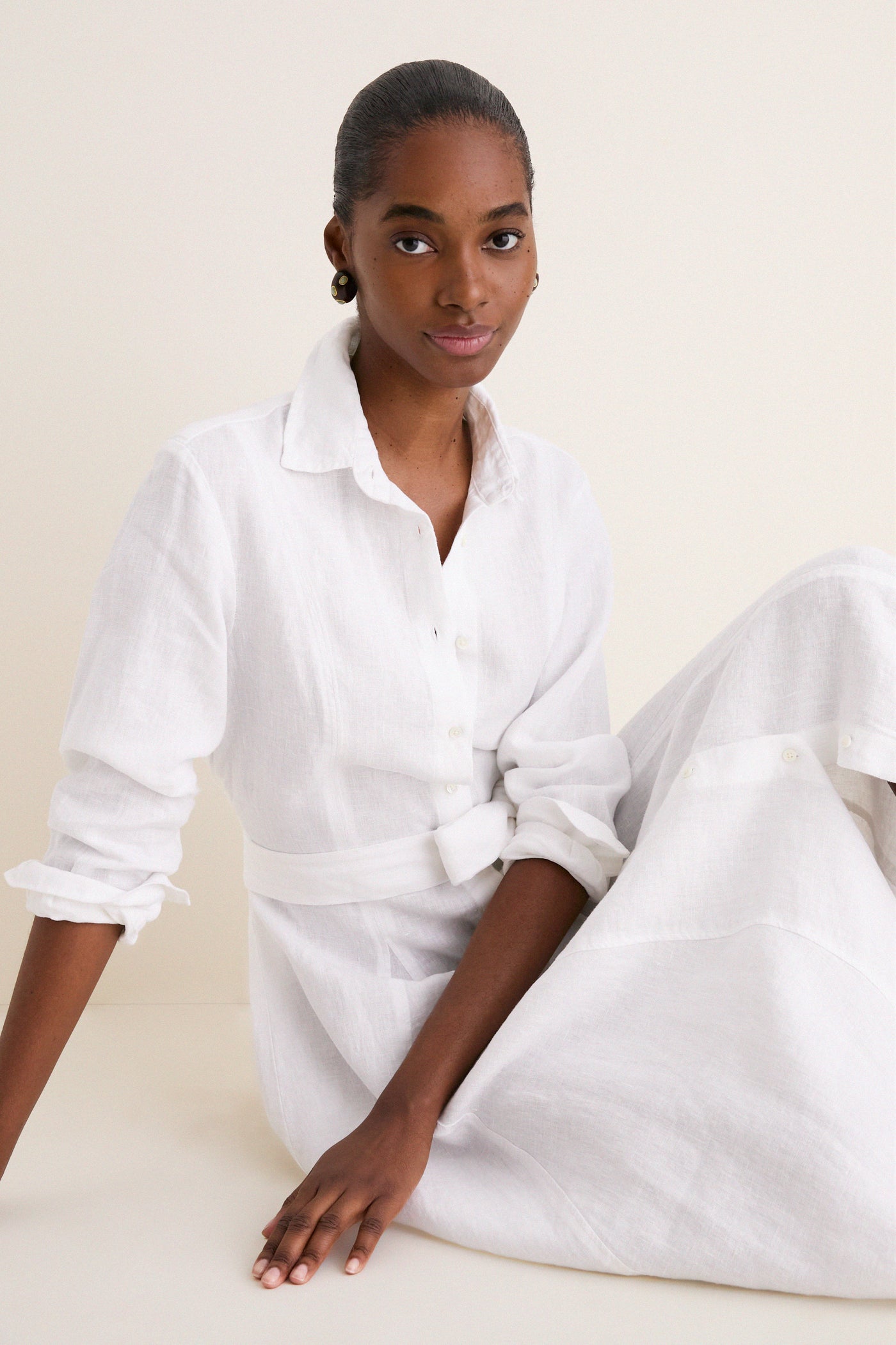knee length dresses for ladies Womens Linen Shirt Dress in White main image 0