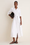 White Linen Woven Collared Long Sleeve Dress