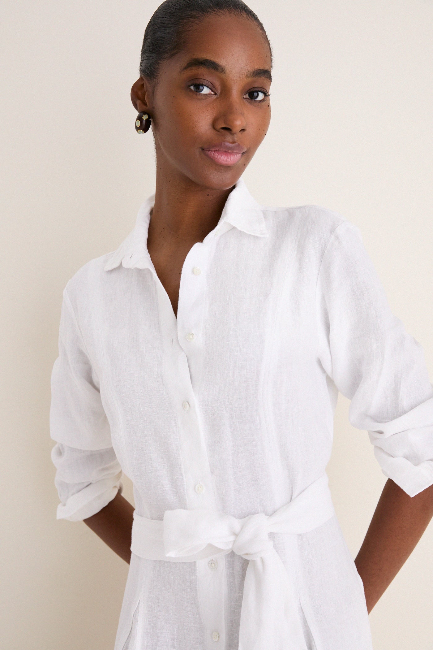 white linen button up dress White Linen Woven Collared Long Sleeve Dress