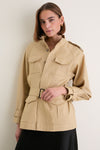 Classic Camel Cotton Field Jacket, effortlessly chic with flap pockets, epaulets, and a cinched waist, offering high-end style and fun utility for the modern woman.