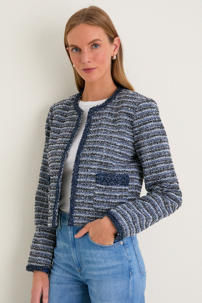 Blue Multi Tweed Fringe Cropped Gilles Jacket