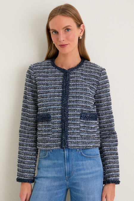 Blue Multi Tweed Fringe Cropped Gilles Jacket