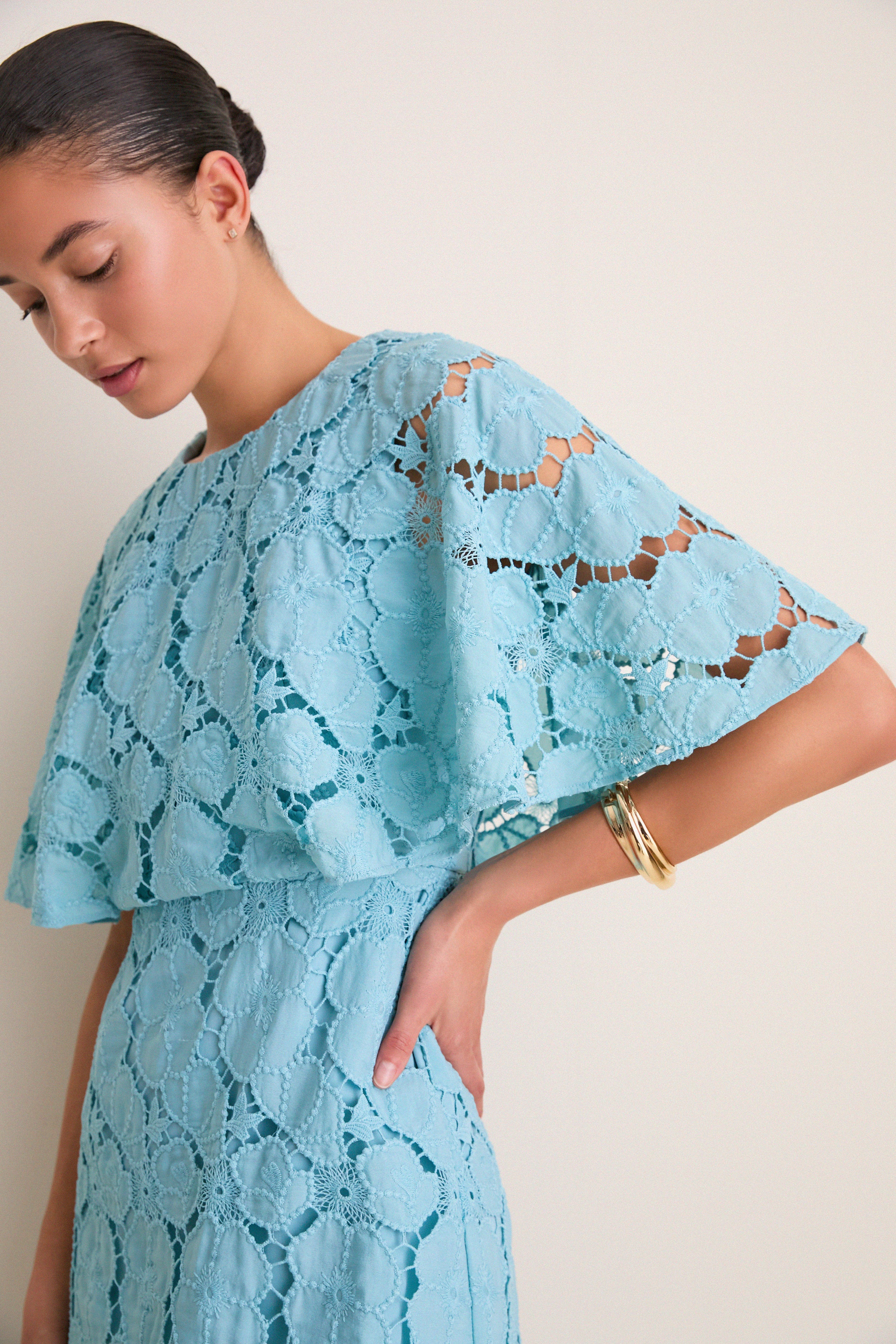 Cameo Blue Eyelet Cape Leah Dress