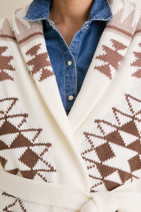 Ivory and Mocha Wool Blend Ranch Teddy Wrap Cardigan