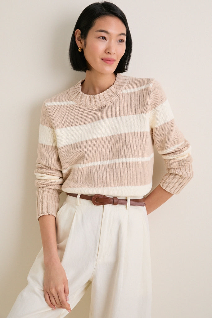 Sandstone and Ivory Stripe Cotton William Crewneck