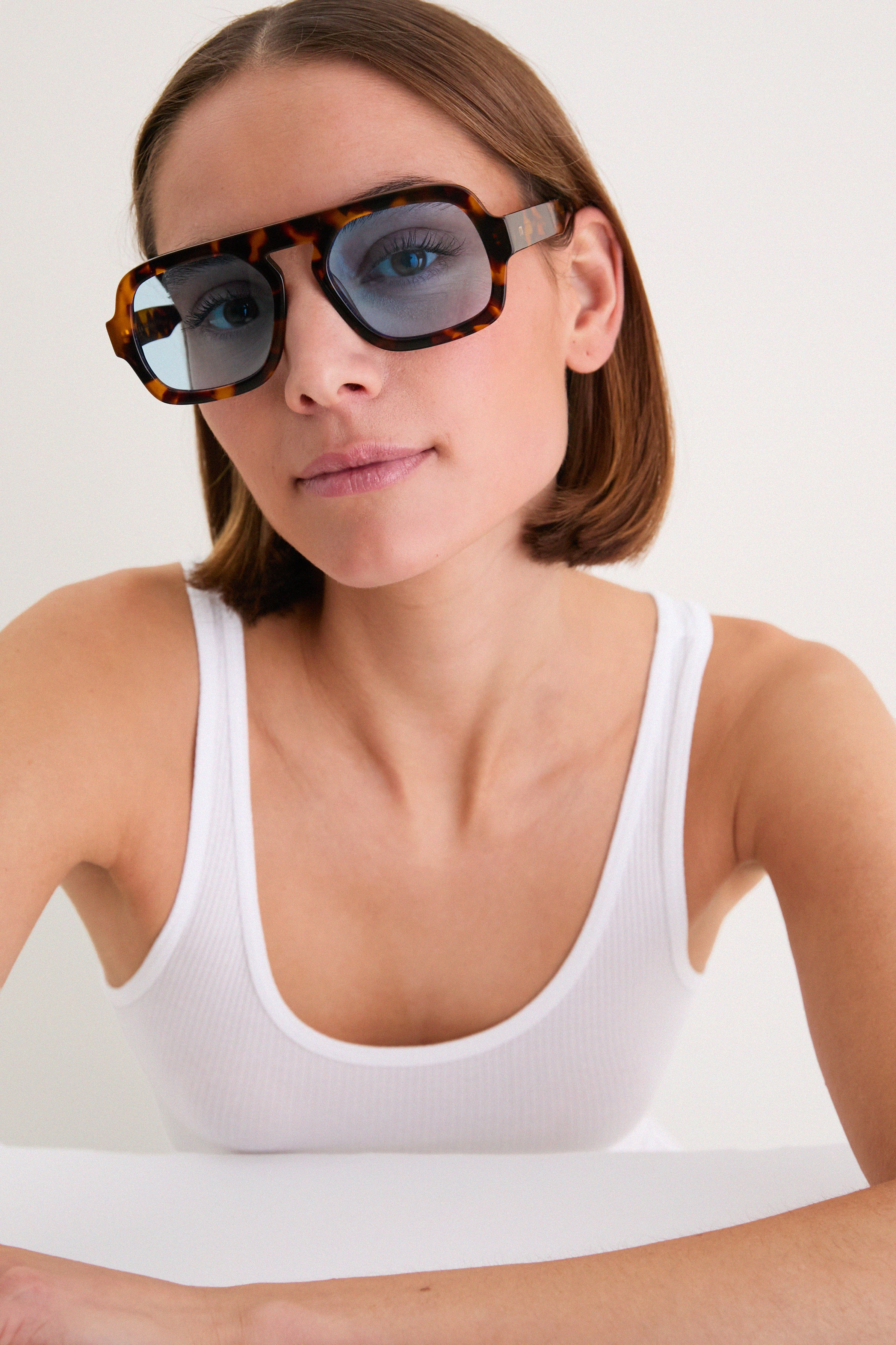 Brown Tortoise Blue Lens Jane Sunglasses | Elisa Johnson