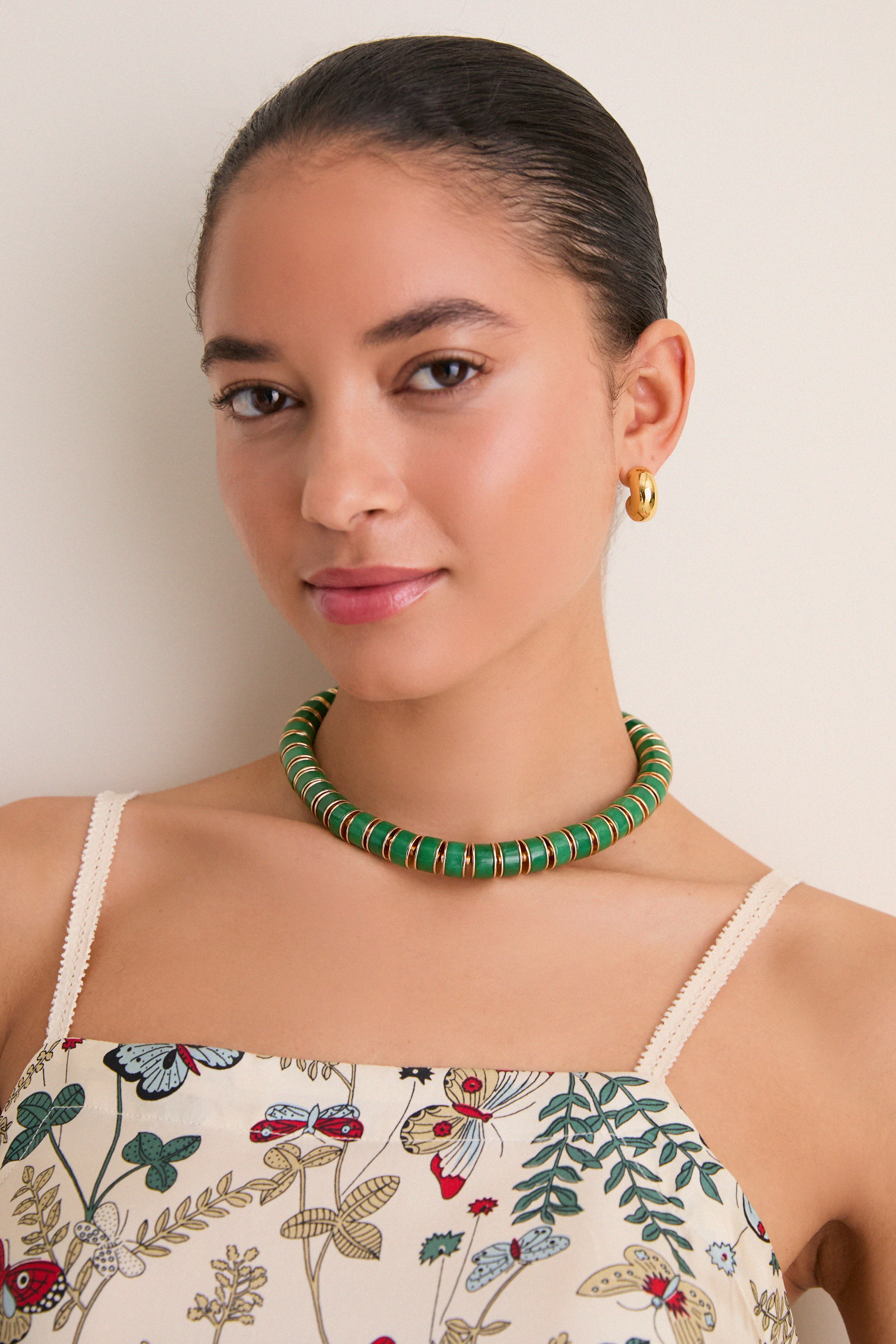 Gold and Green Jade Stone Slice Necklace
