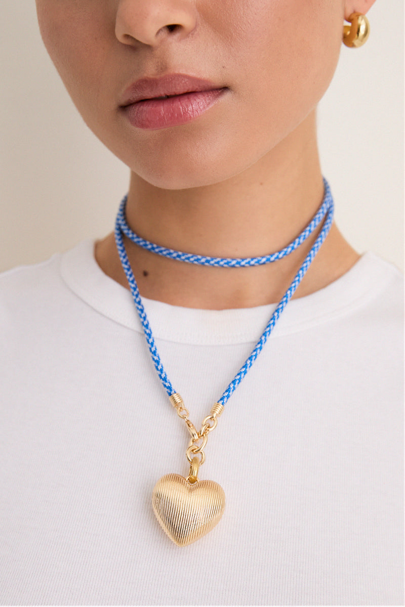 Gold, Blue and White Long Happy Cord Necklace with Heart