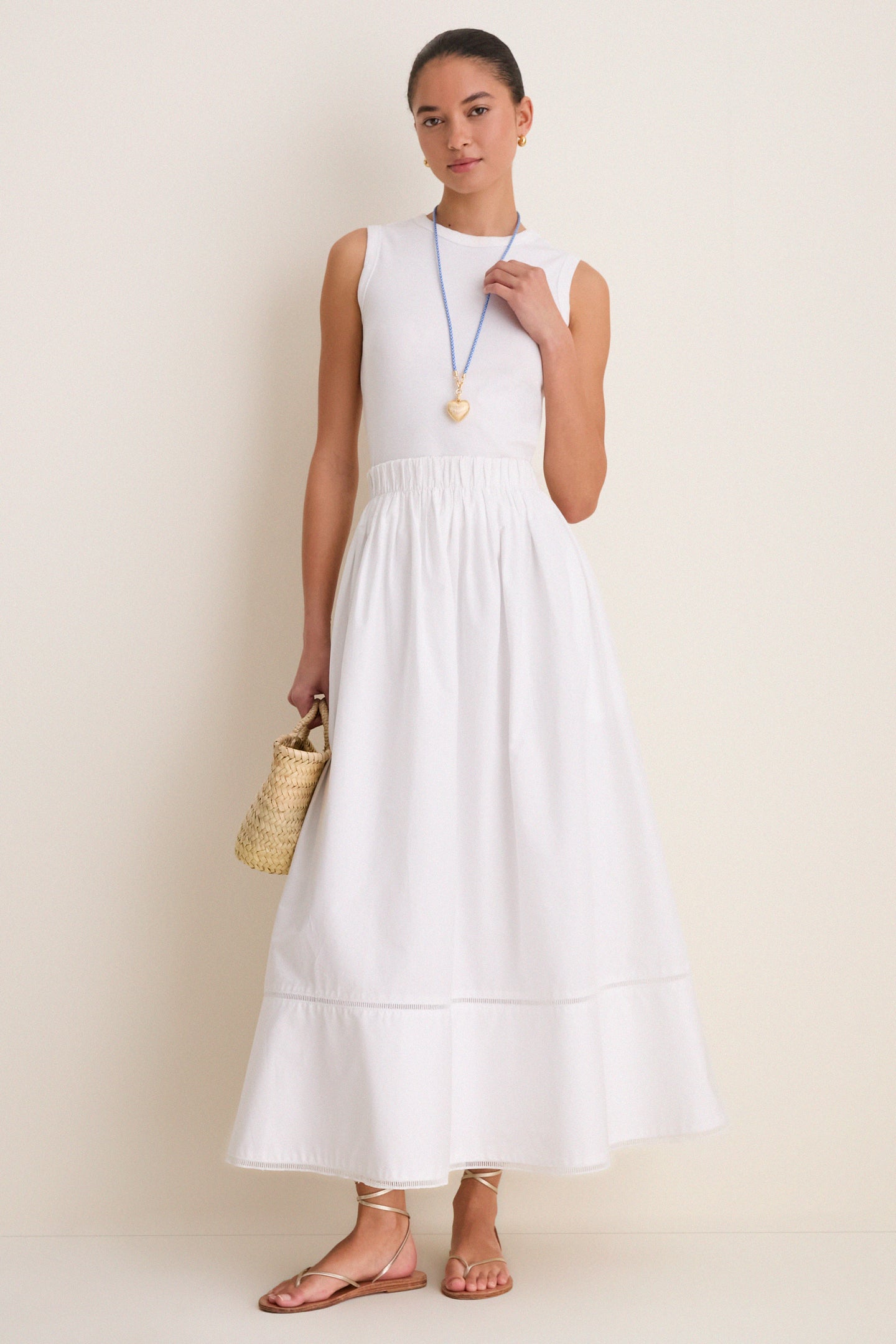 Gold, Blue and White Long Happy Cord Necklace with Heart