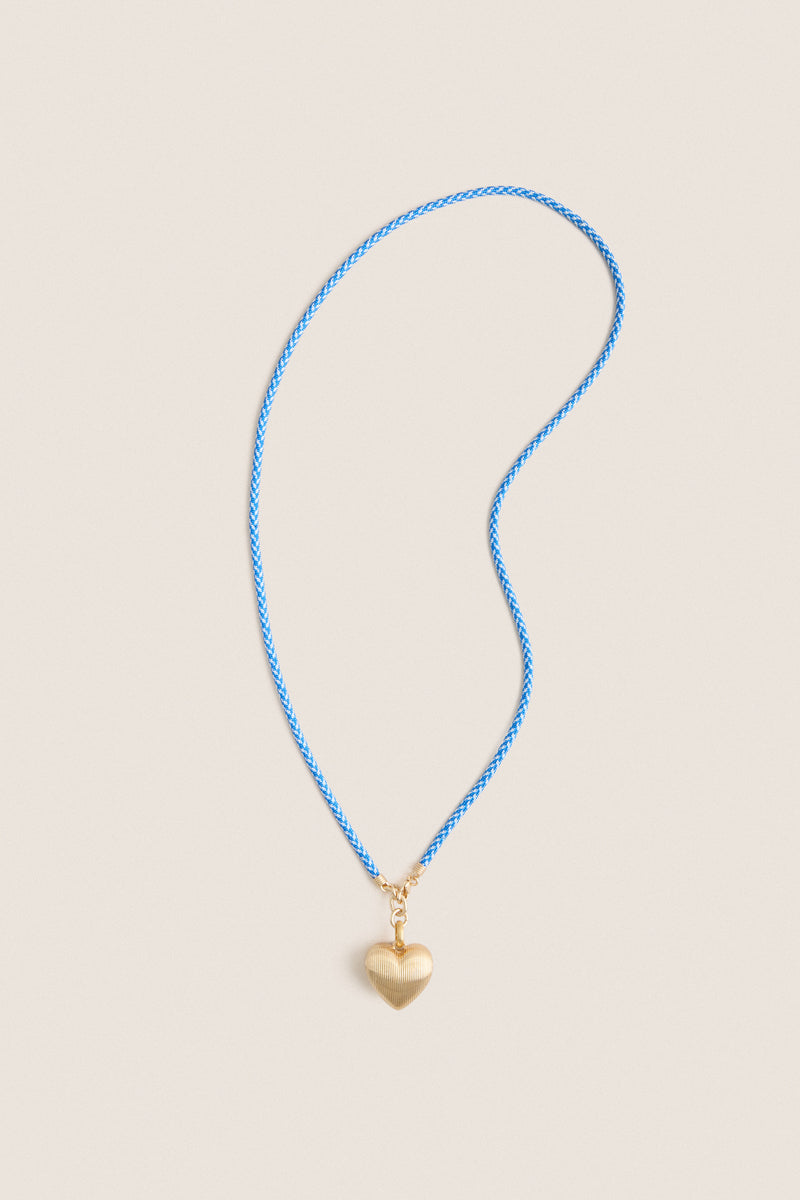 Gold, Blue and White Long Happy Cord Necklace with Heart