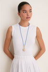 Gold, Blue and White Long Happy Cord Necklace with Heart