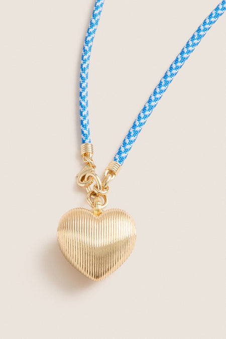 Gold, Blue and White Long Happy Cord Necklace with Heart