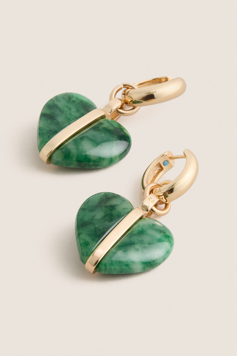 Gold and Moss Agate Semi Heart Charm Earrings
