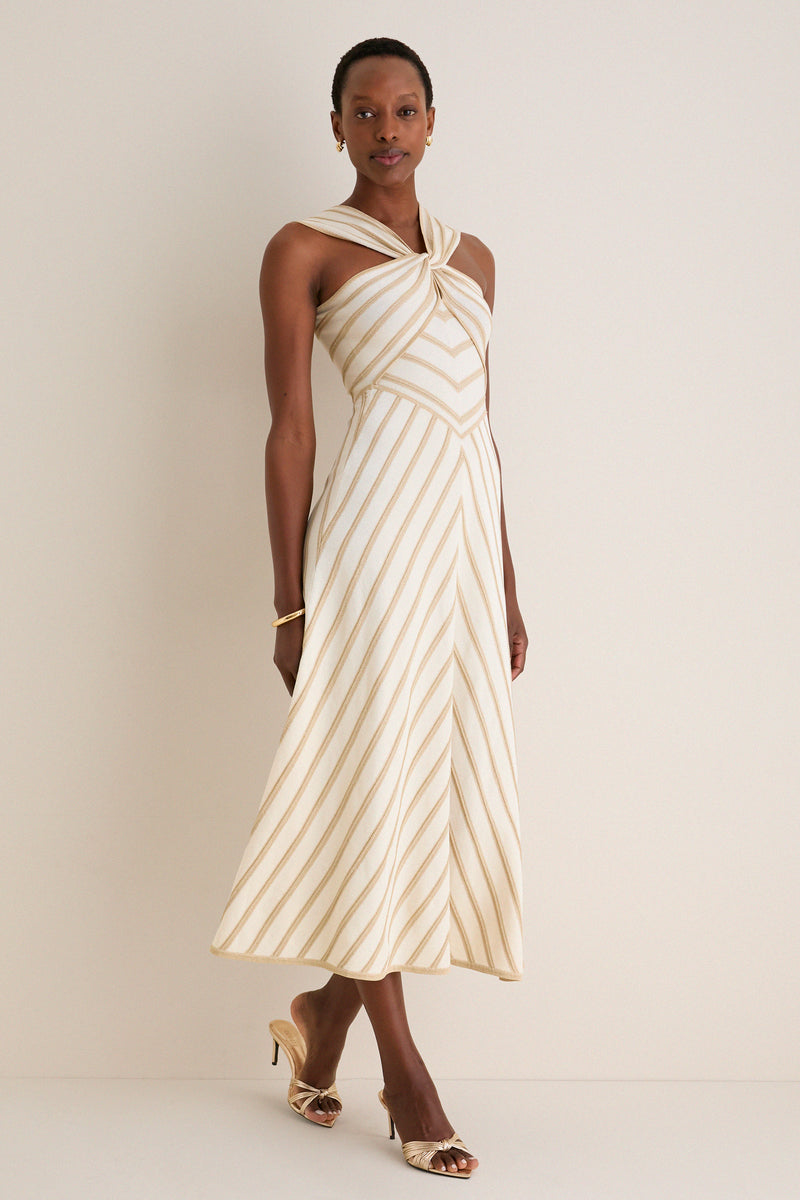Cream and Gold Luna Metallic Halter Dress