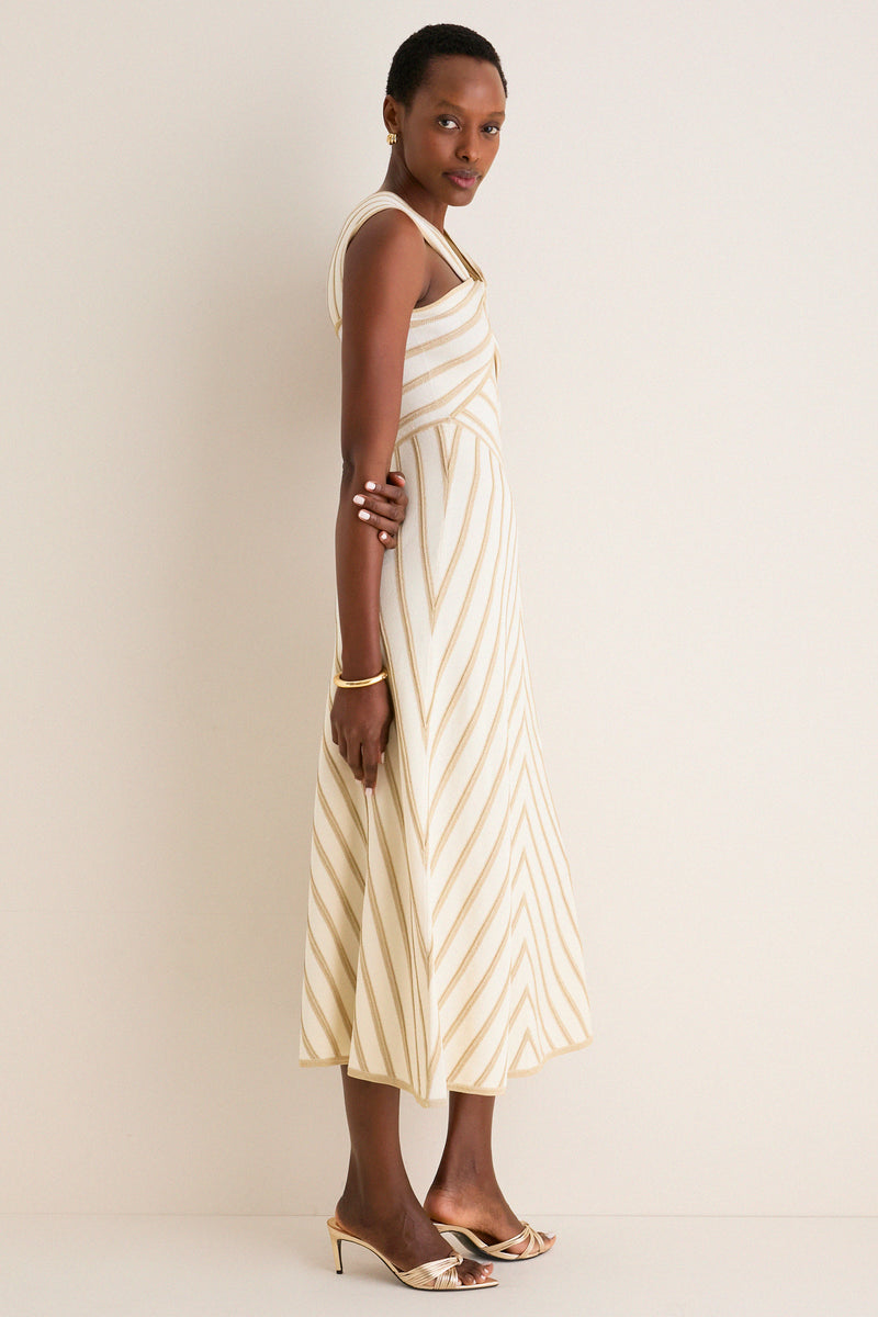Cream and Gold Luna Metallic Halter Dress