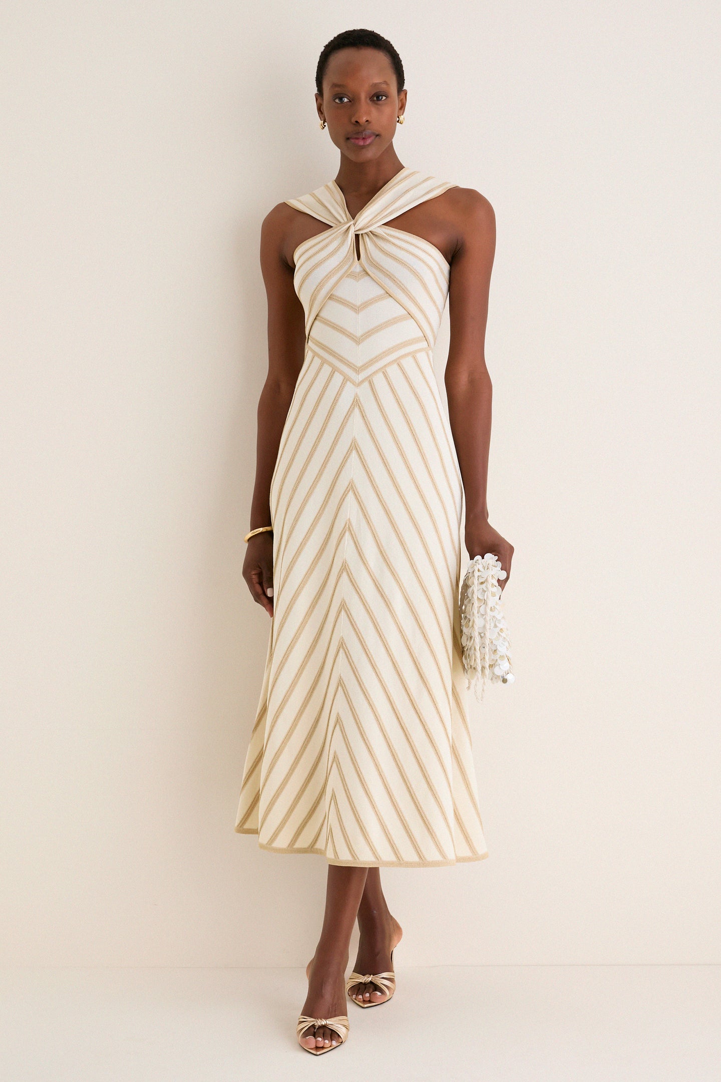 Cream and Gold Luna Metallic Halter Dress