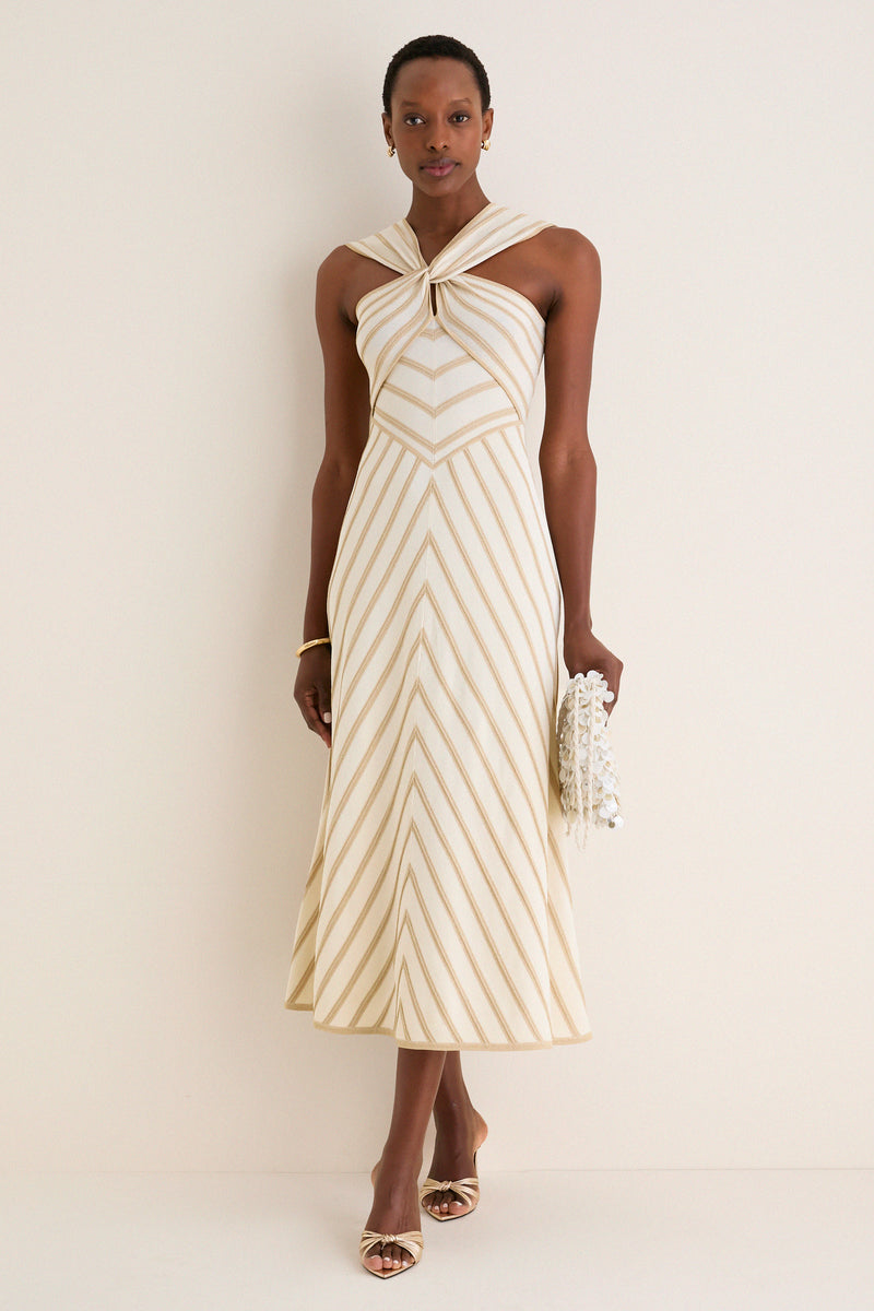 Cream and Gold Luna Metallic Halter Dress
