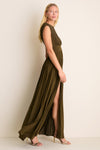 Olive Luna Column Dress: A classic, sleeveless gown with a fixed waistband, front skirt splits, and pleated fabric, paired effortlessly with metallic gold heels for high-end elegance.