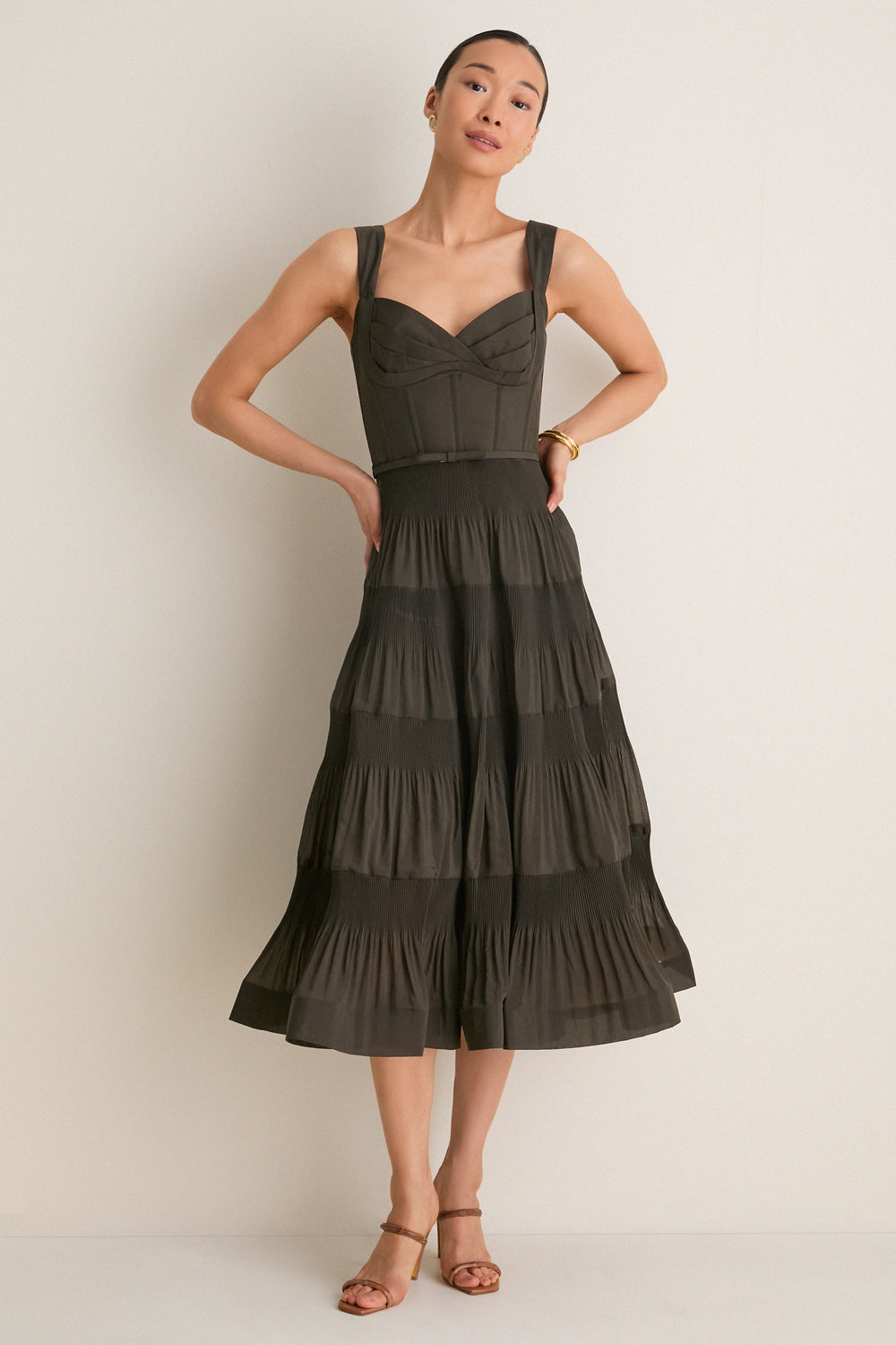 Olive Pleated Draped Midi Dress