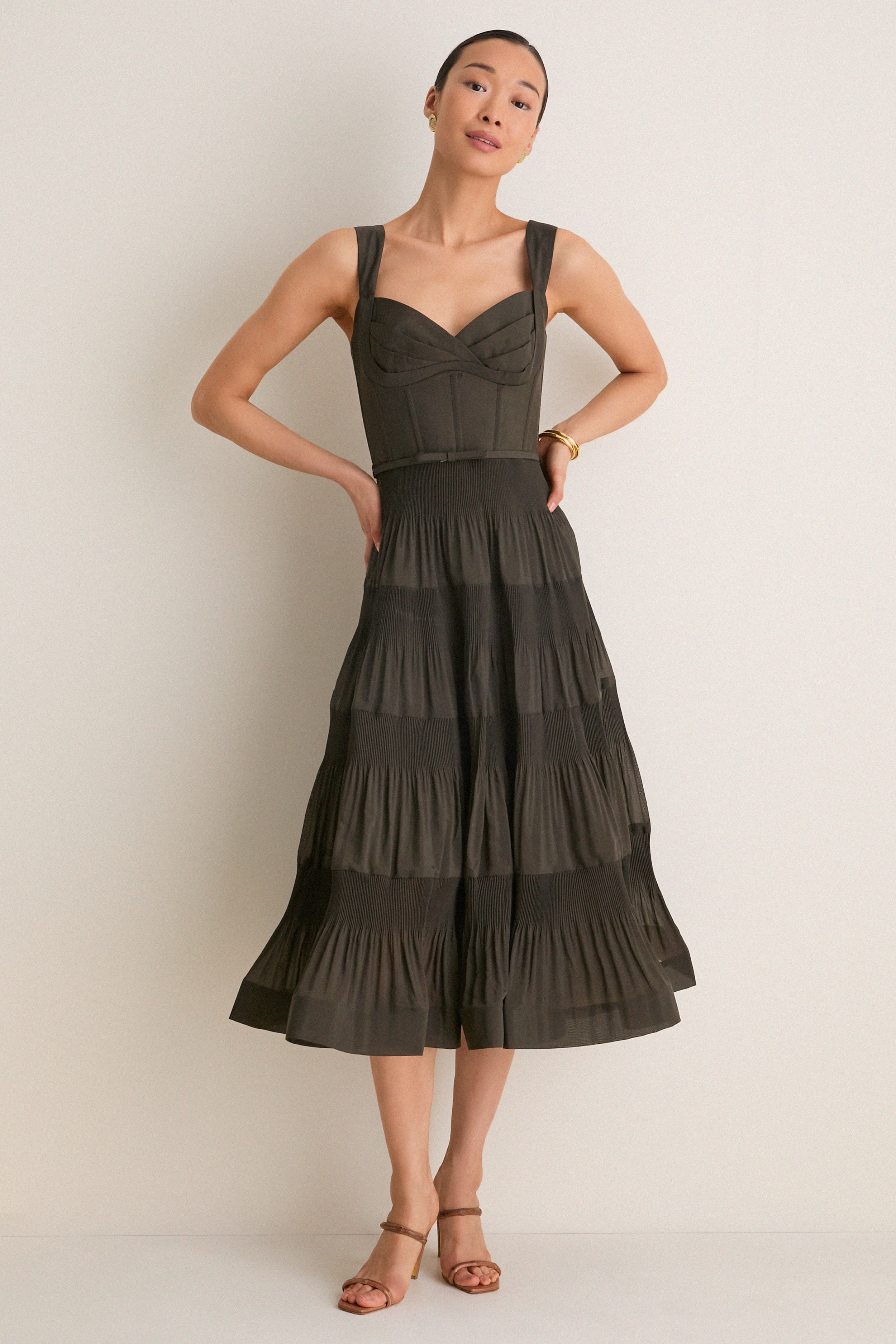 Olive Pleated Draped Midi Dress