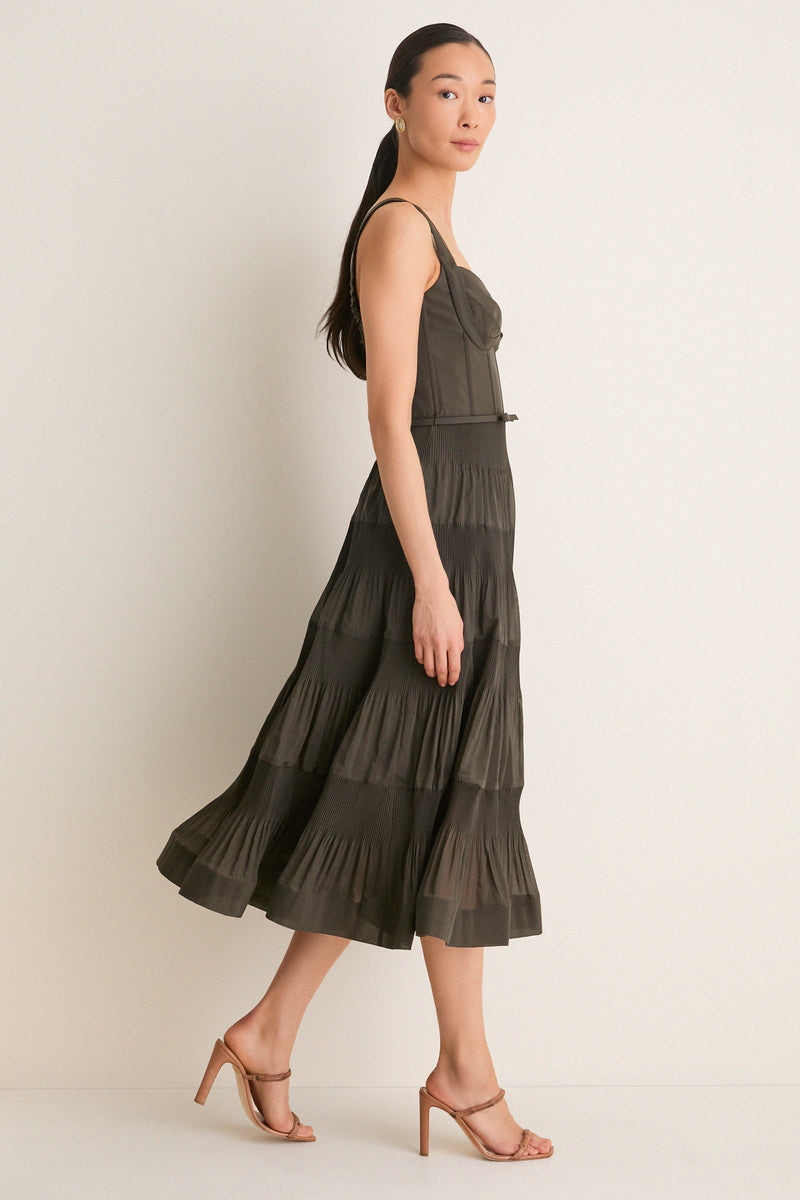 Olive Pleated Draped Midi Dress