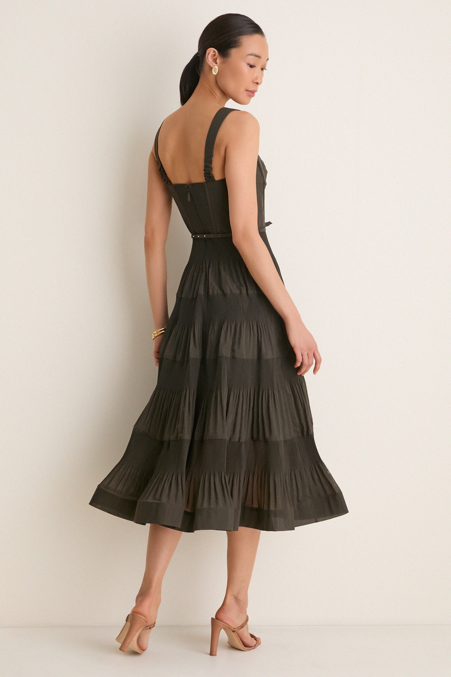 Olive Pleated Draped Midi Dress