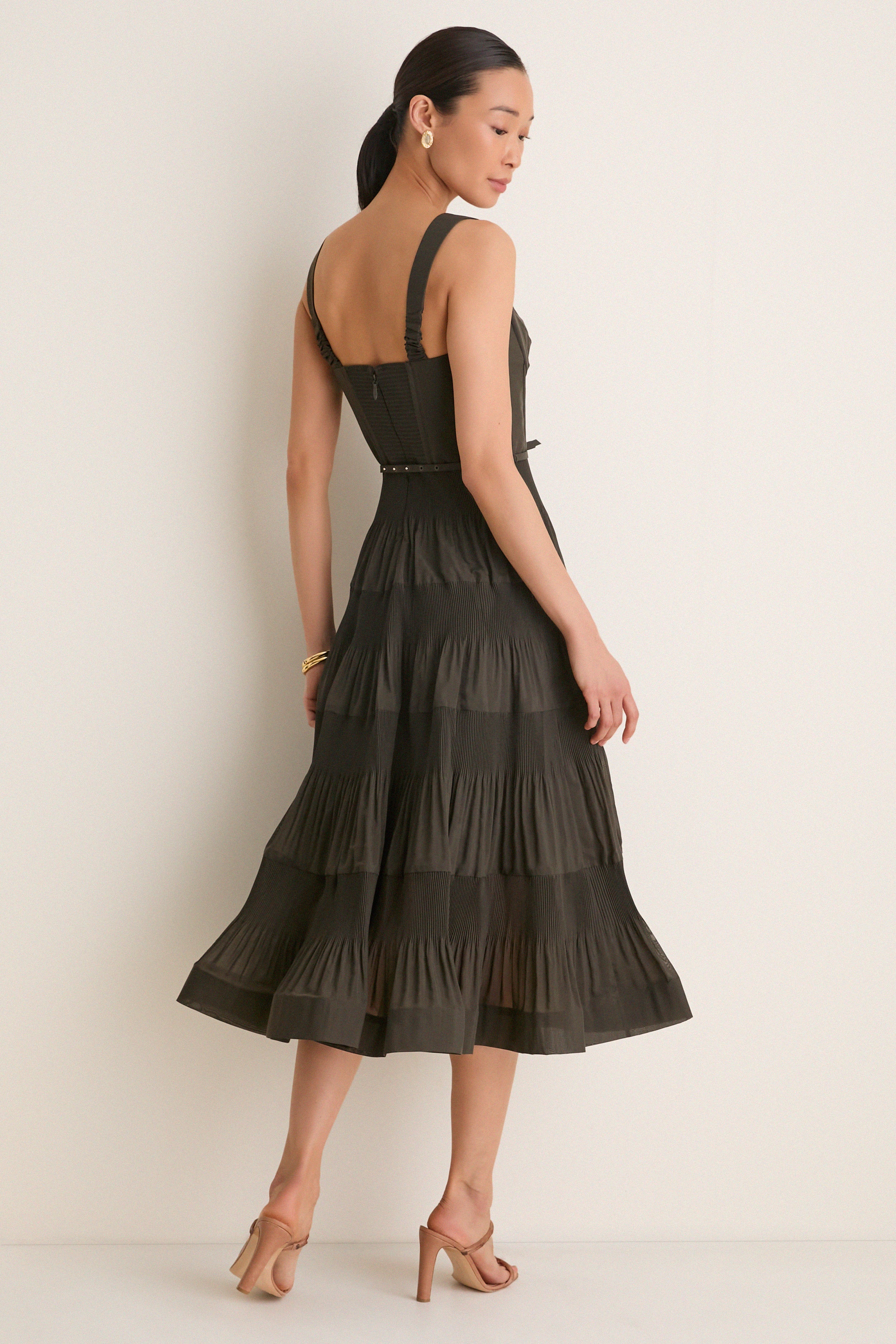 Olive Pleated Draped Midi Dress