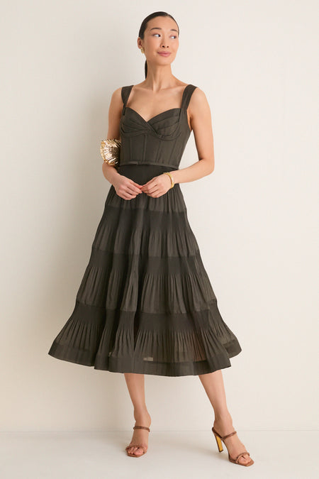 Olive Pleated Draped Midi Dress