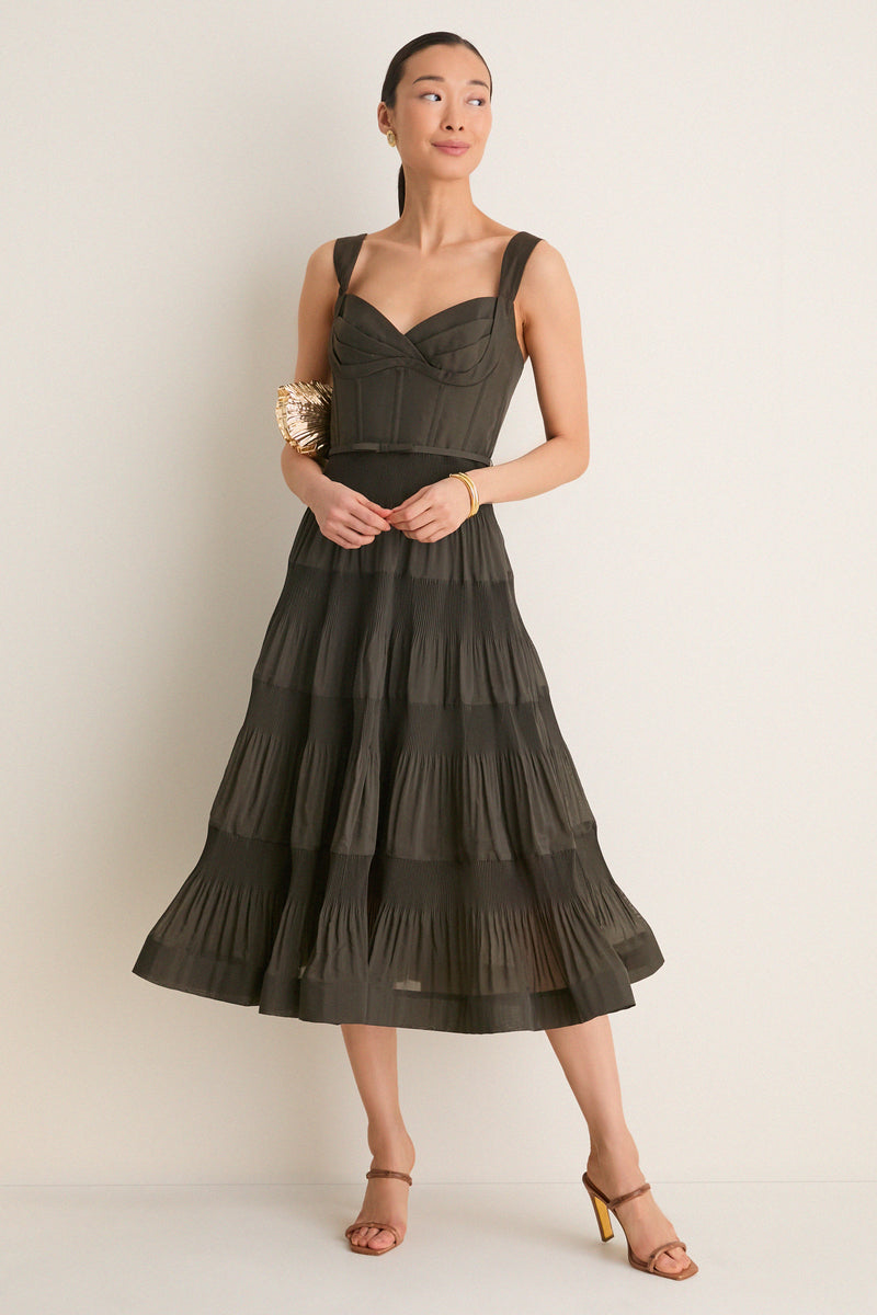 Olive Pleated Draped Midi Dress