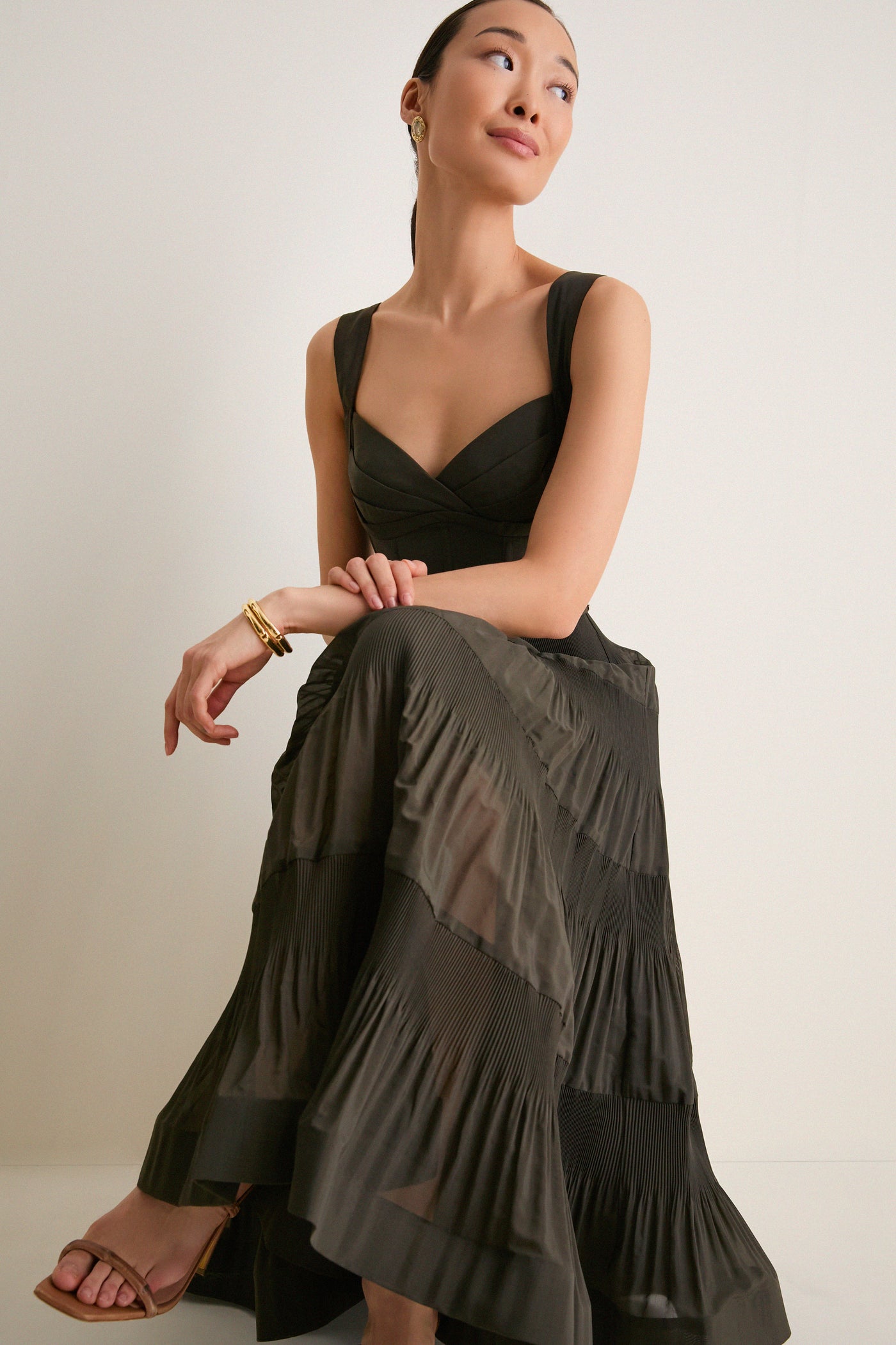 olive pleated midi dress Zeda V Neck Midi Dress - Olive Long Sleeve Fit & Flare Knit Dress