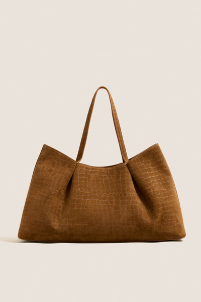 Cognac Croco Suede Dimple Tote | Elleme