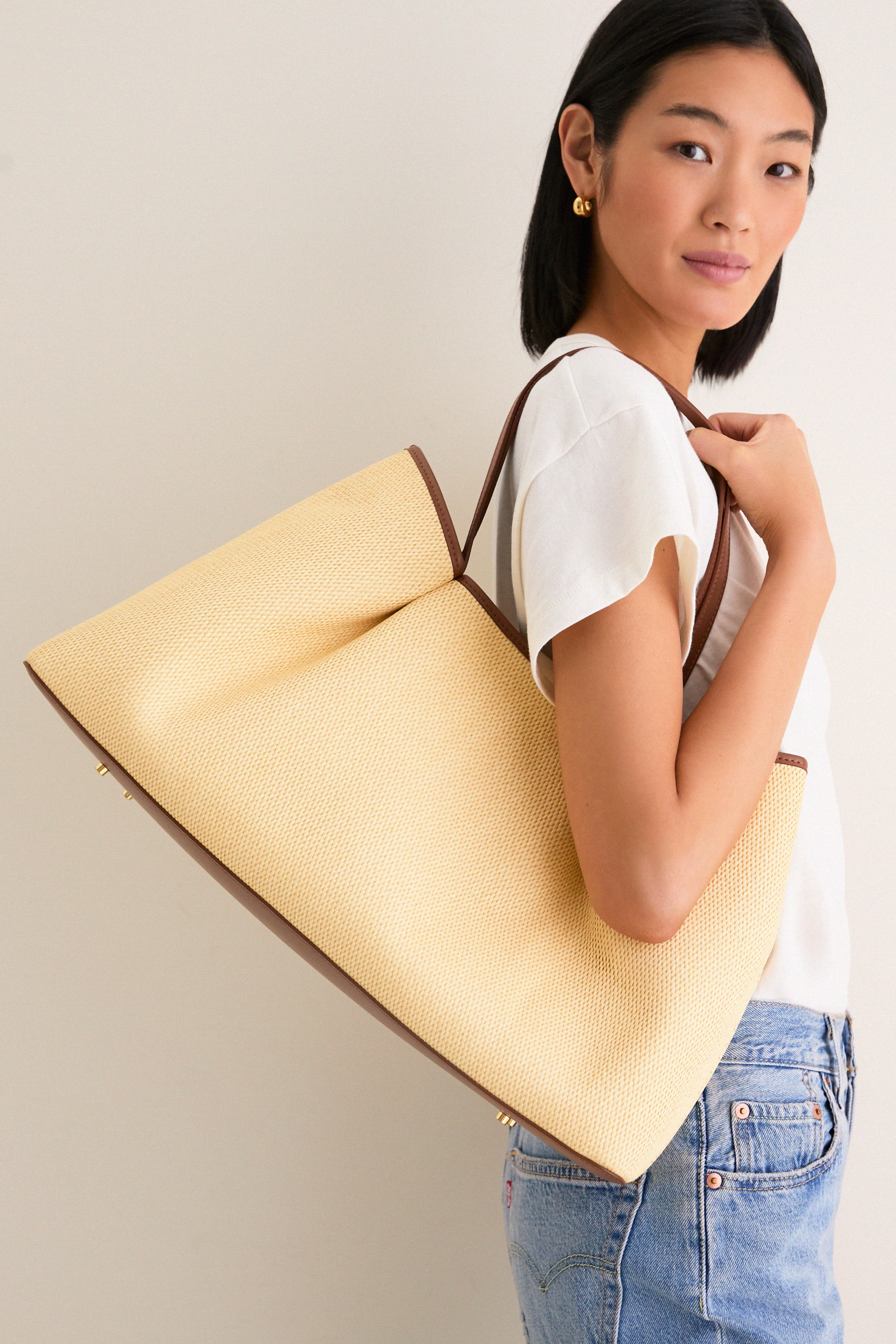 Natural and Cognac Raffia Dimple Tote
