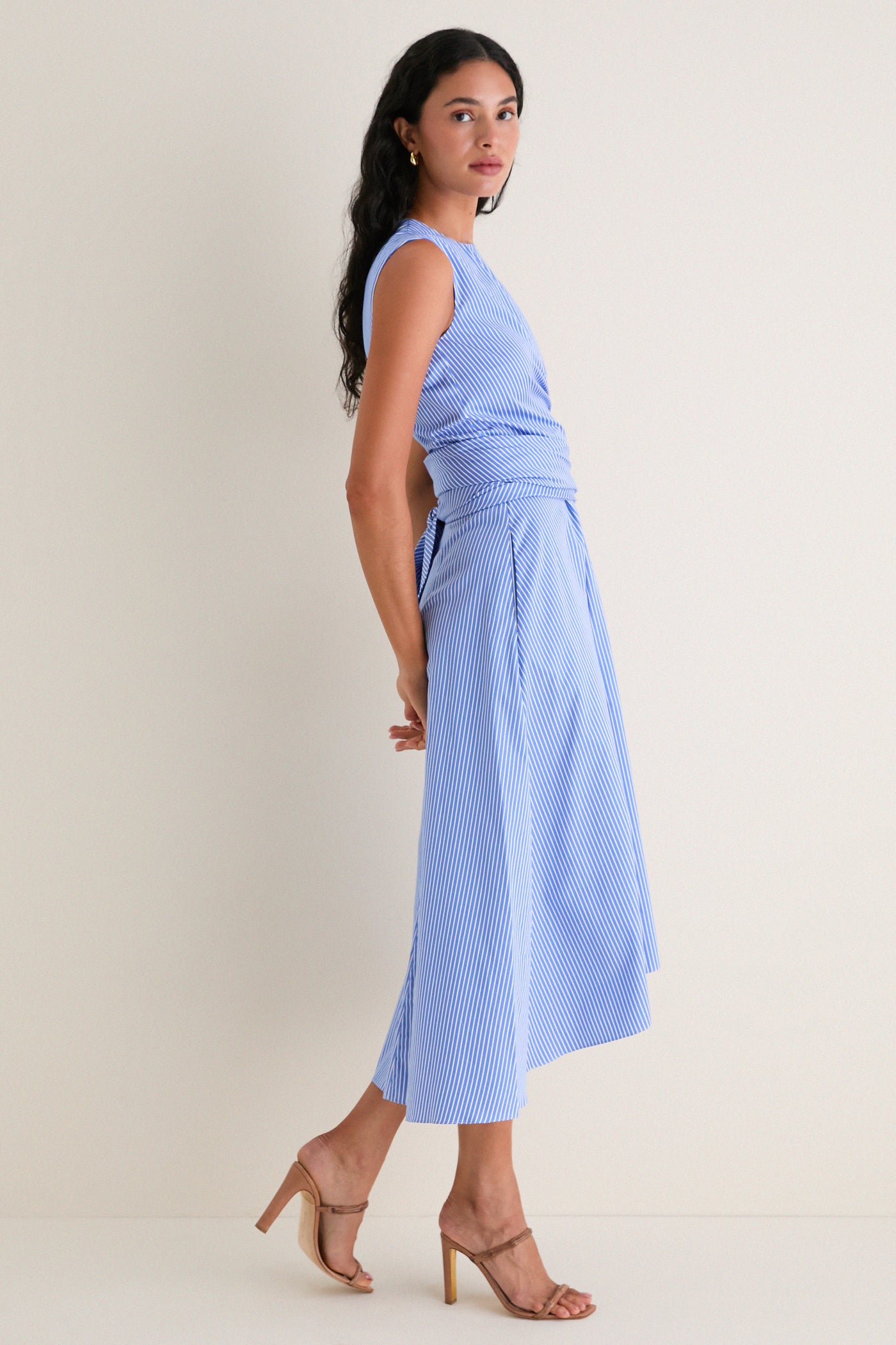 airy gauze empire waist midi dress in stripe Striped Empire-Waist Midi Dress in 100% Linen