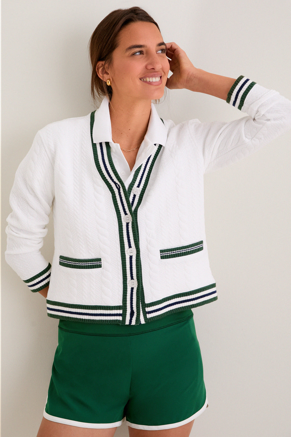 White and Eden Green Cable Charley Cardigan