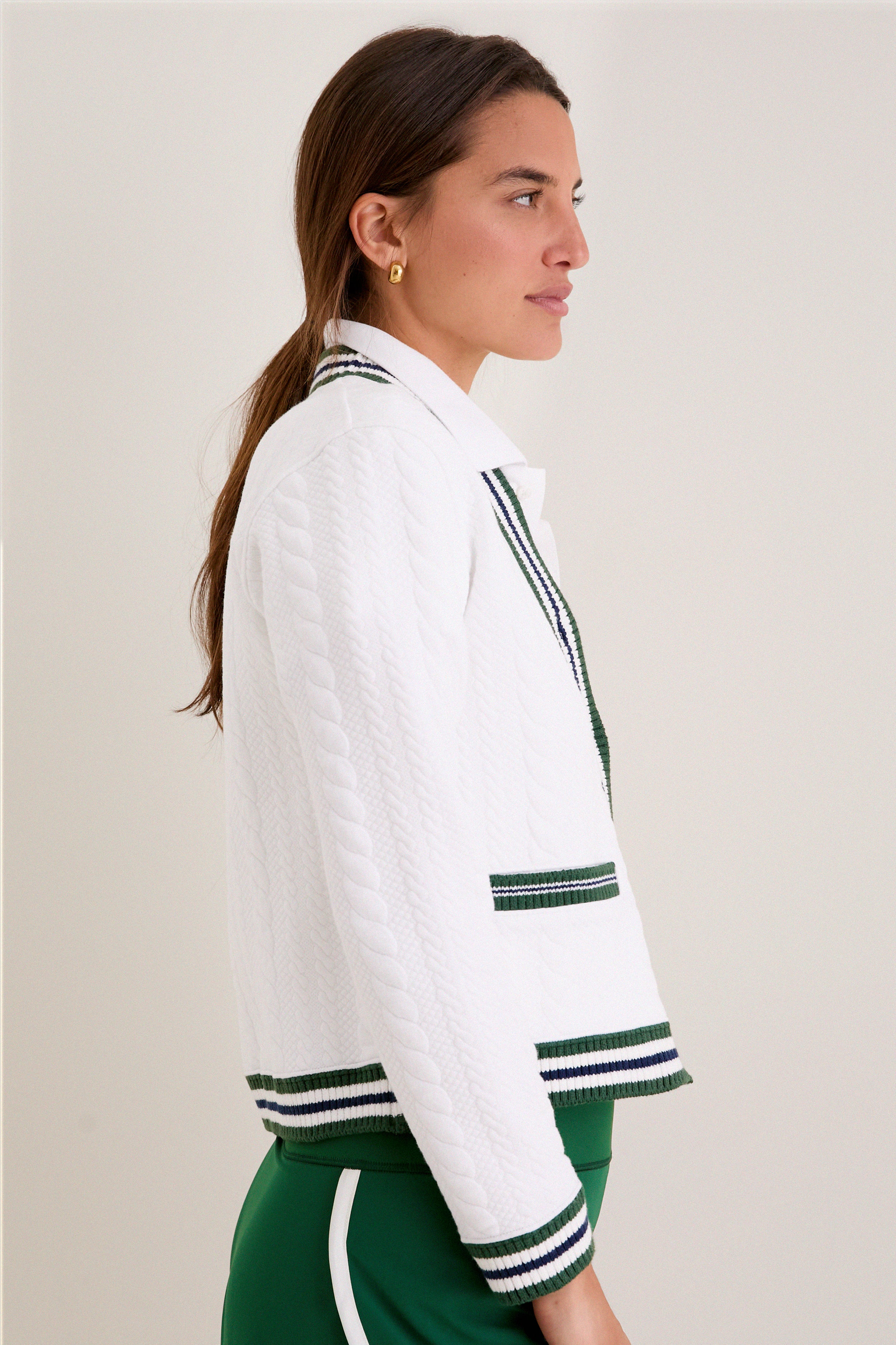 White and Eden Green Cable Charley Cardigan | Tnuck Sport