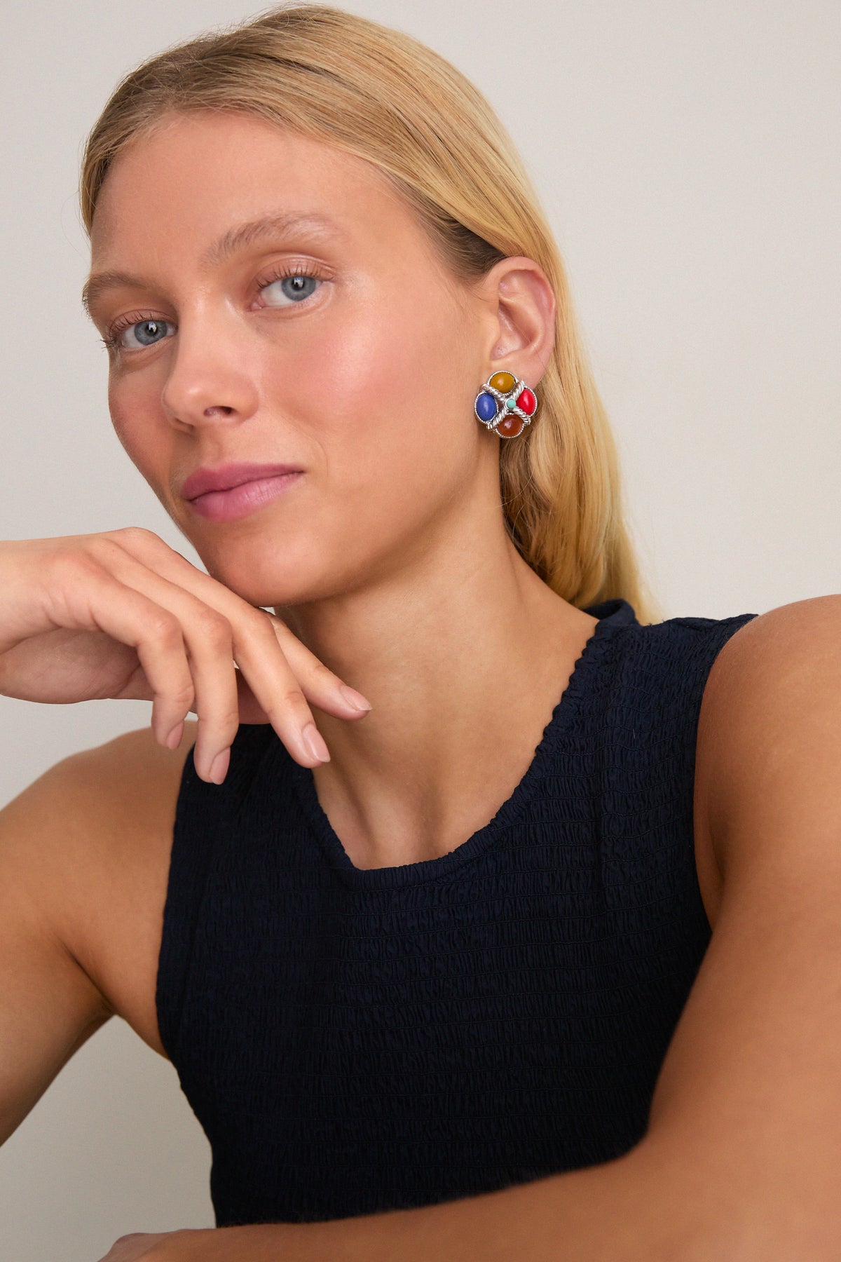 Silver Plated Stud Earrings with Glass Color Stones