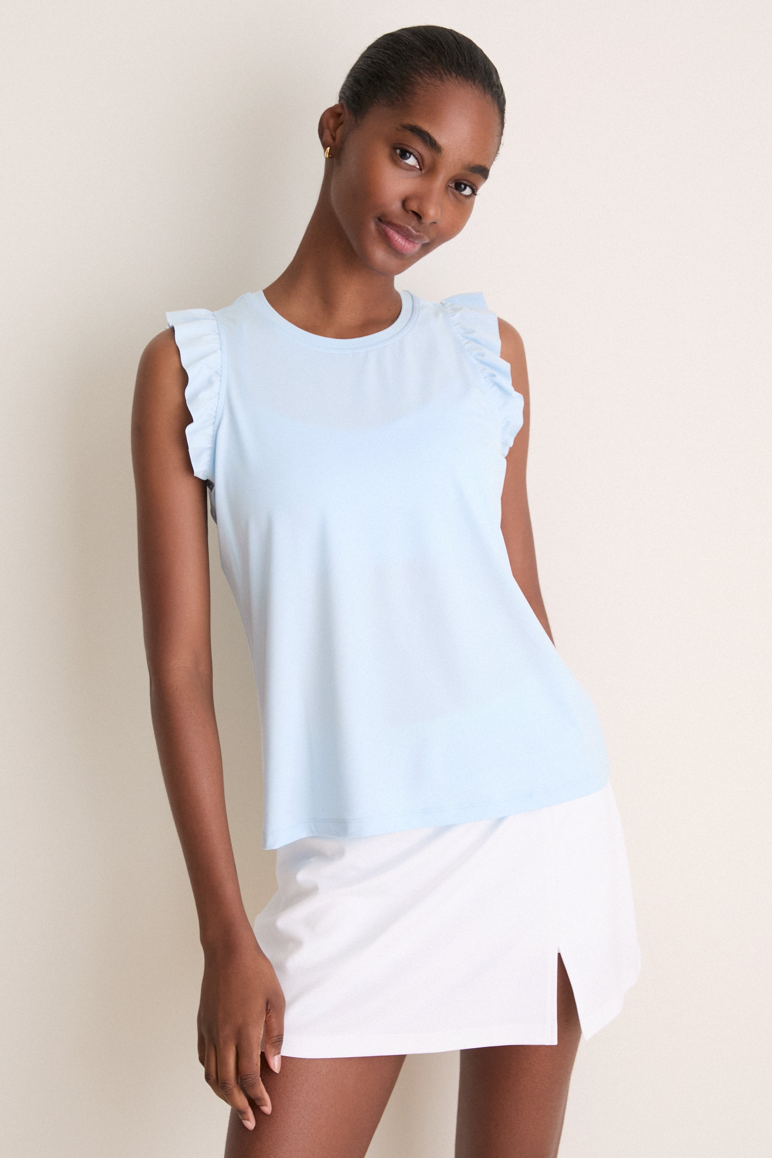 Light Blue Performance Jersey Ruffle Lea Tank | Tnuck Sport