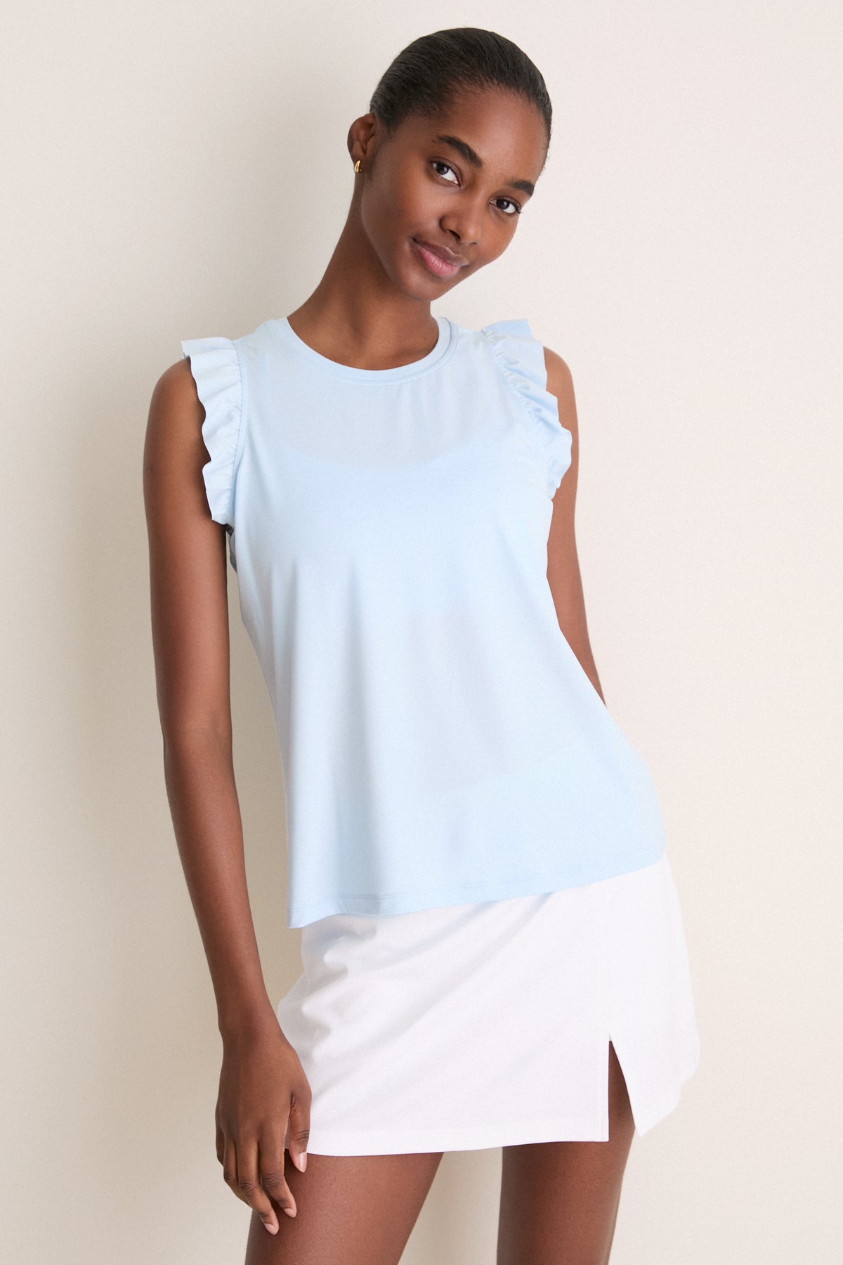 Light Blue Performance Jersey Ruffle Lea Tank