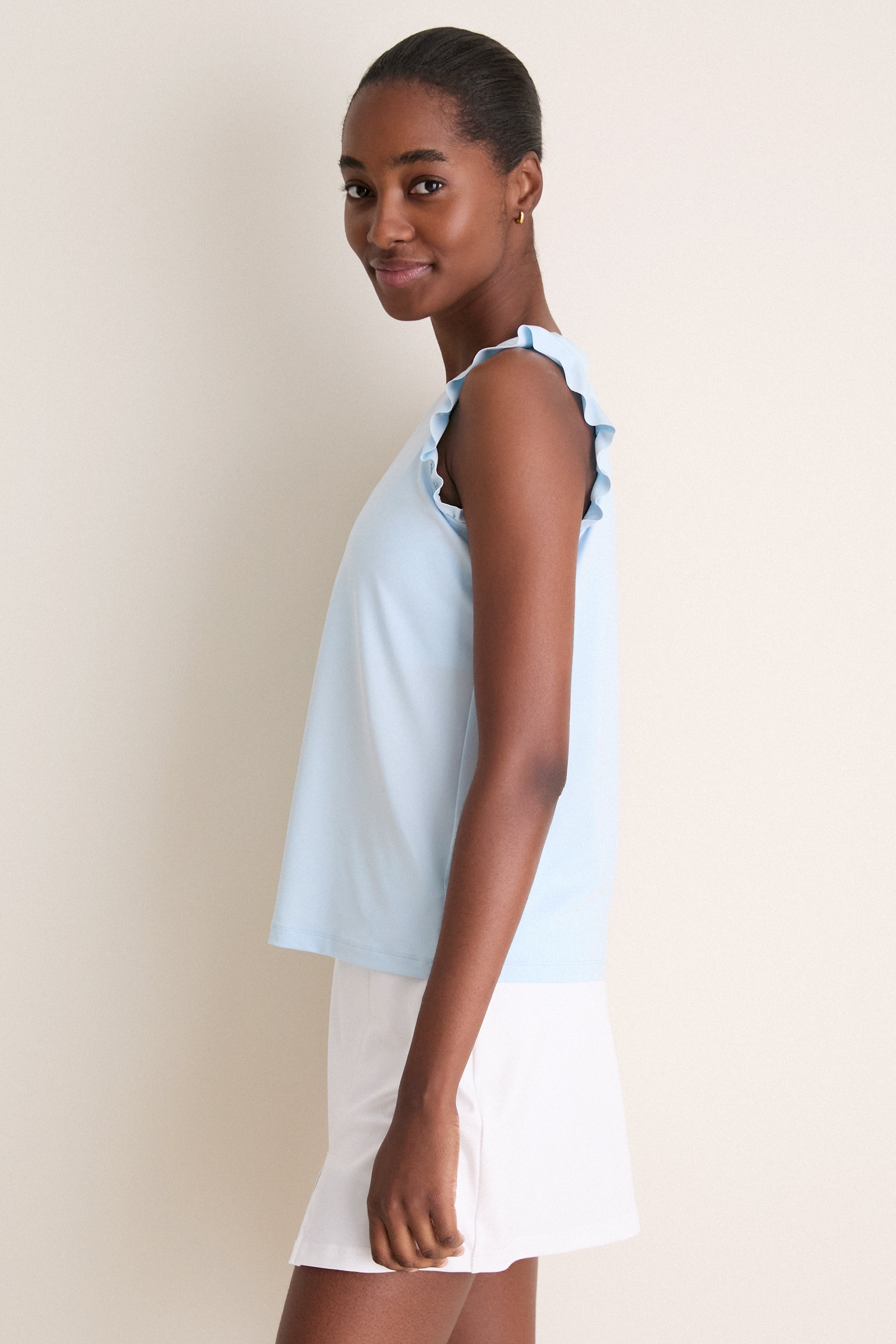 Light Blue Performance Jersey Ruffle Lea Tank | Tnuck Sport
