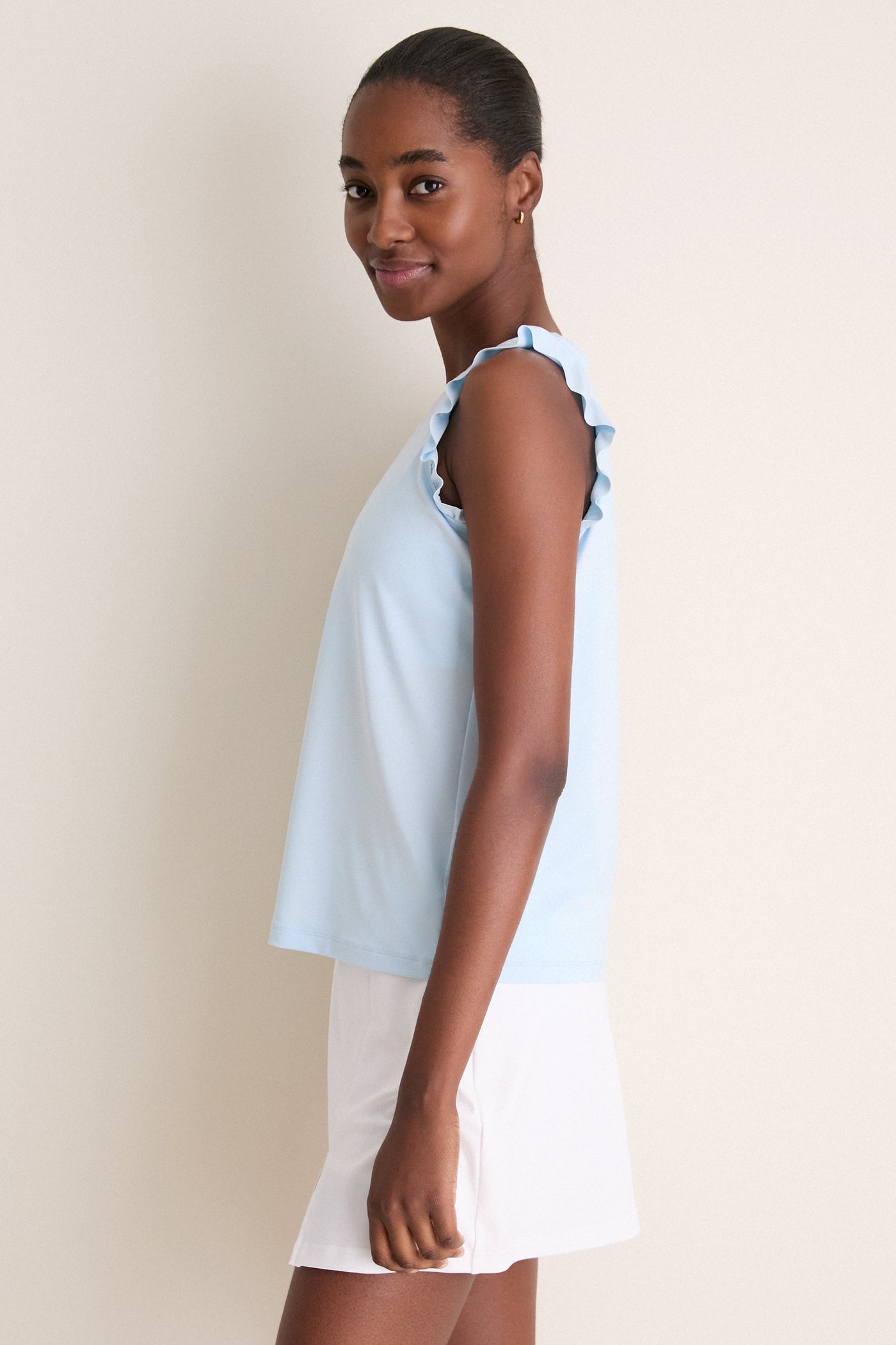 Light Blue Performance Jersey Ruffle Lea Tank