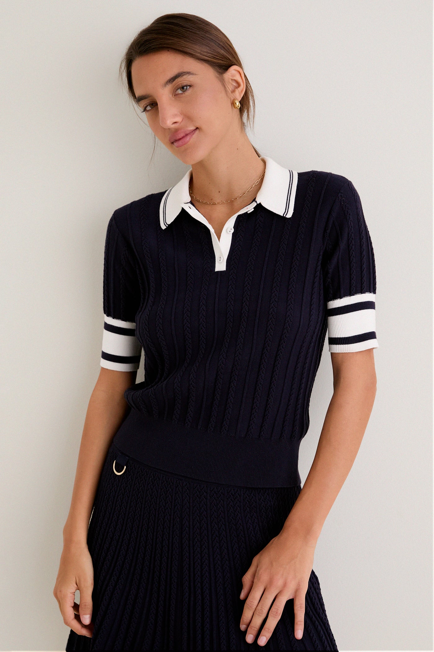 Navy and White Patty Pointelle Knit Sweater Polo