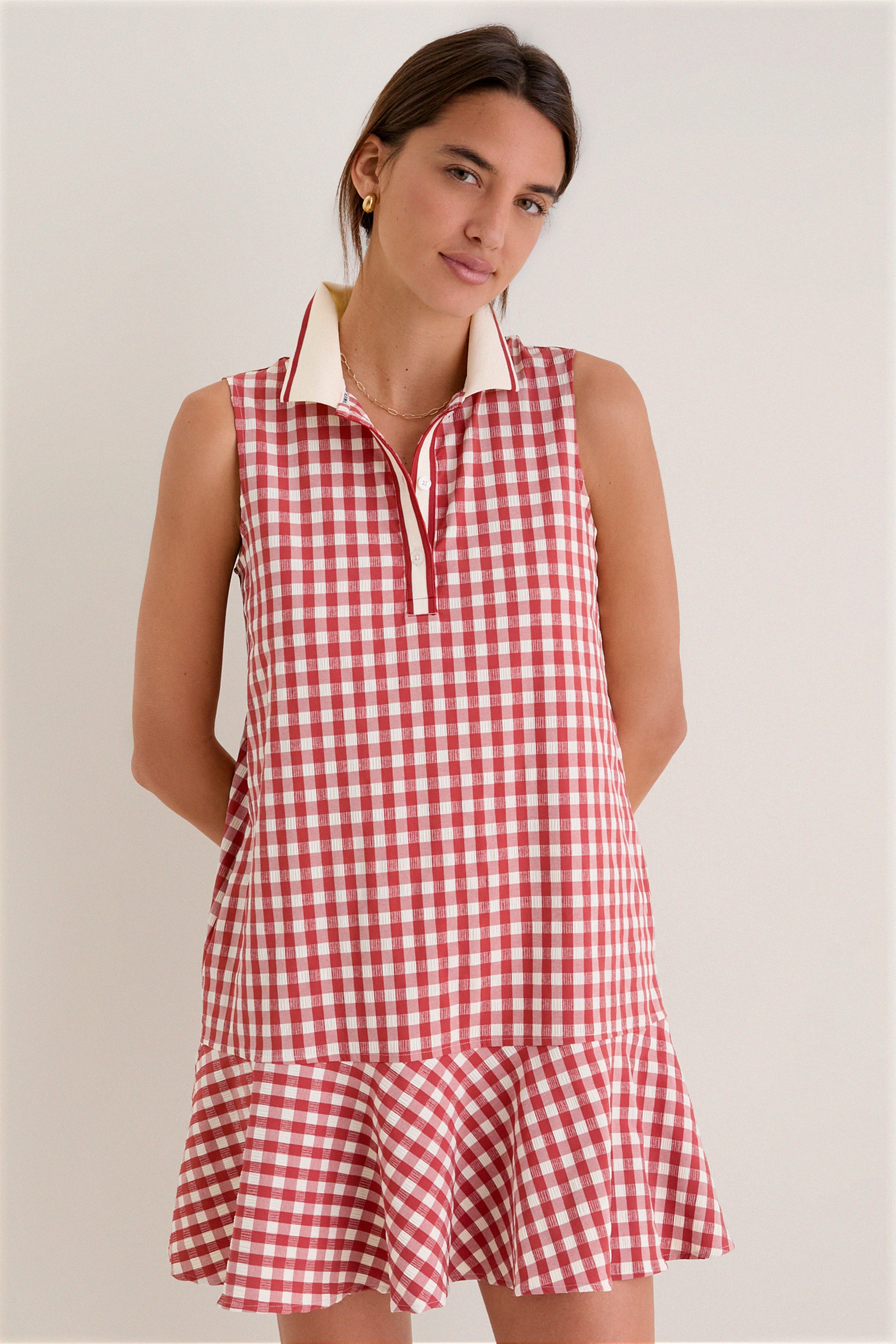 Clay Gingham Sleeveless Performance Seersucker May Golf Dress