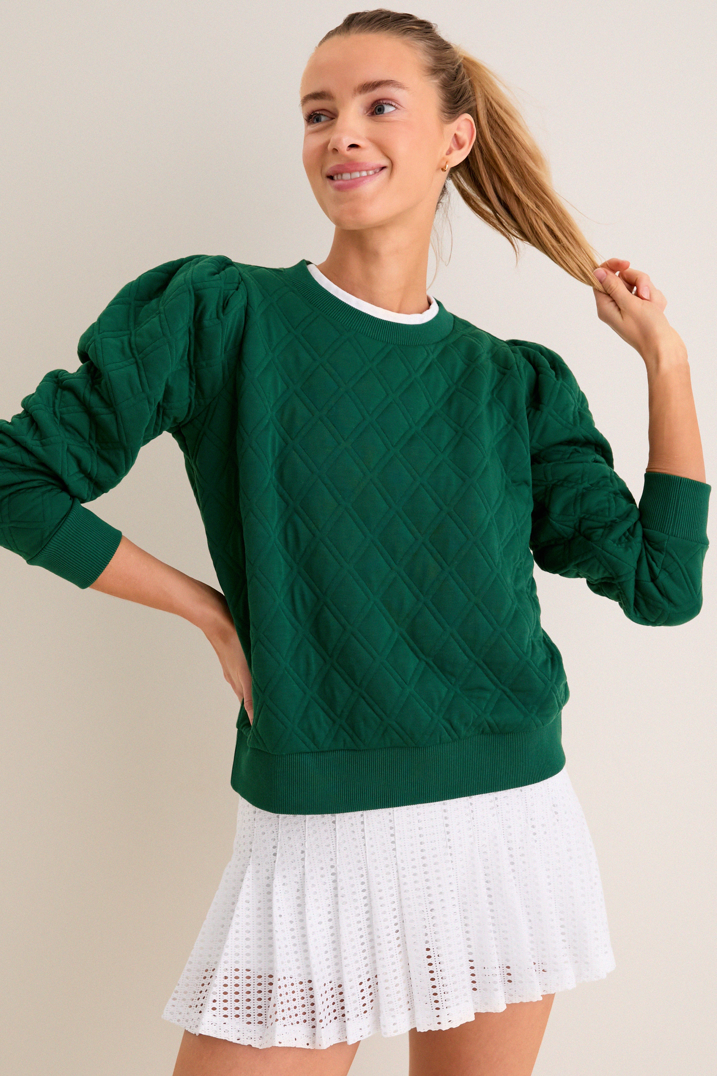 Eden Green Puff Sleeve Quilted Stretch Campbell Pullover | Tnuck Sport