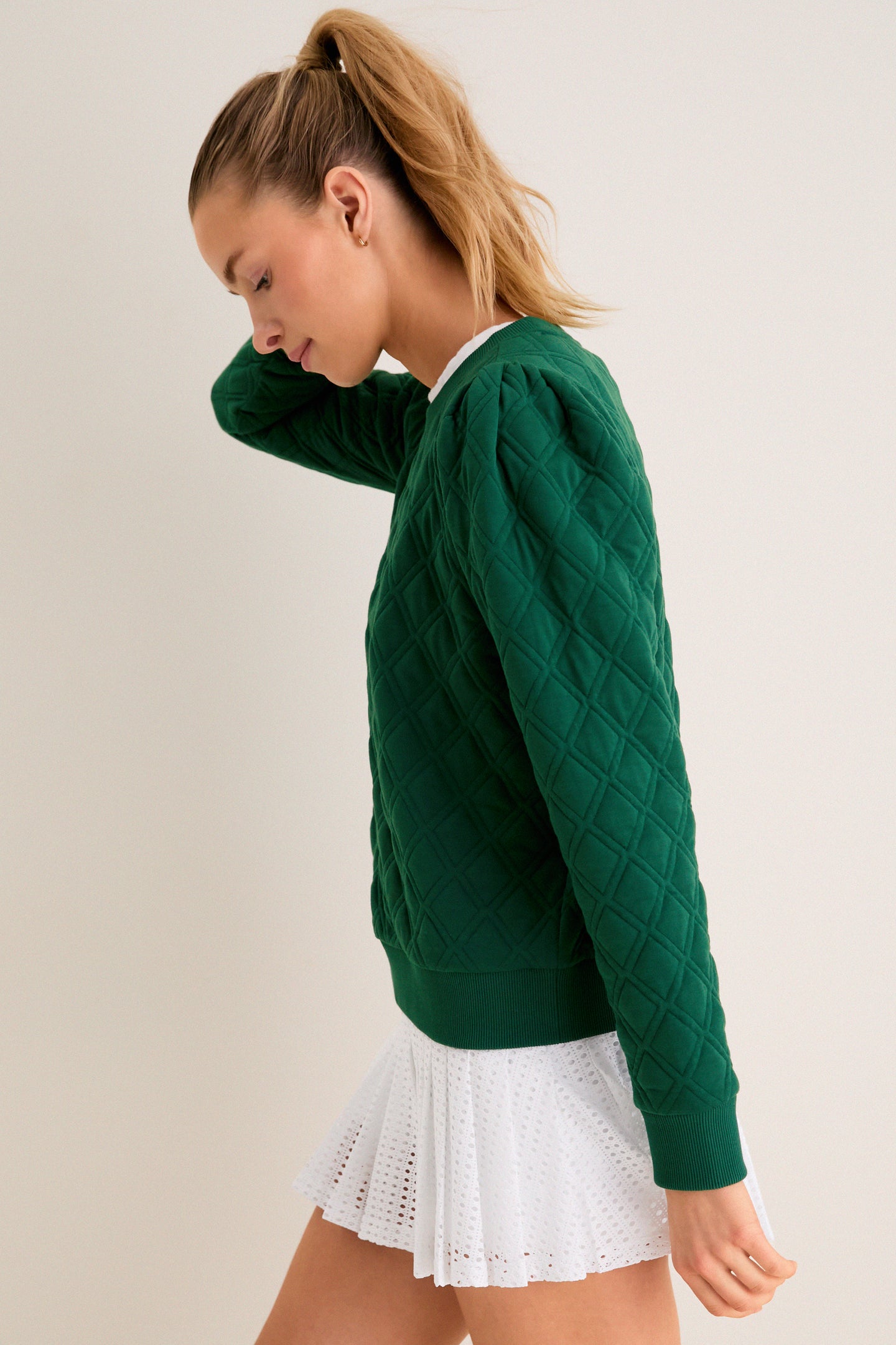 Eden Green Puff Sleeve Quilted Stretch Campbell Pullover