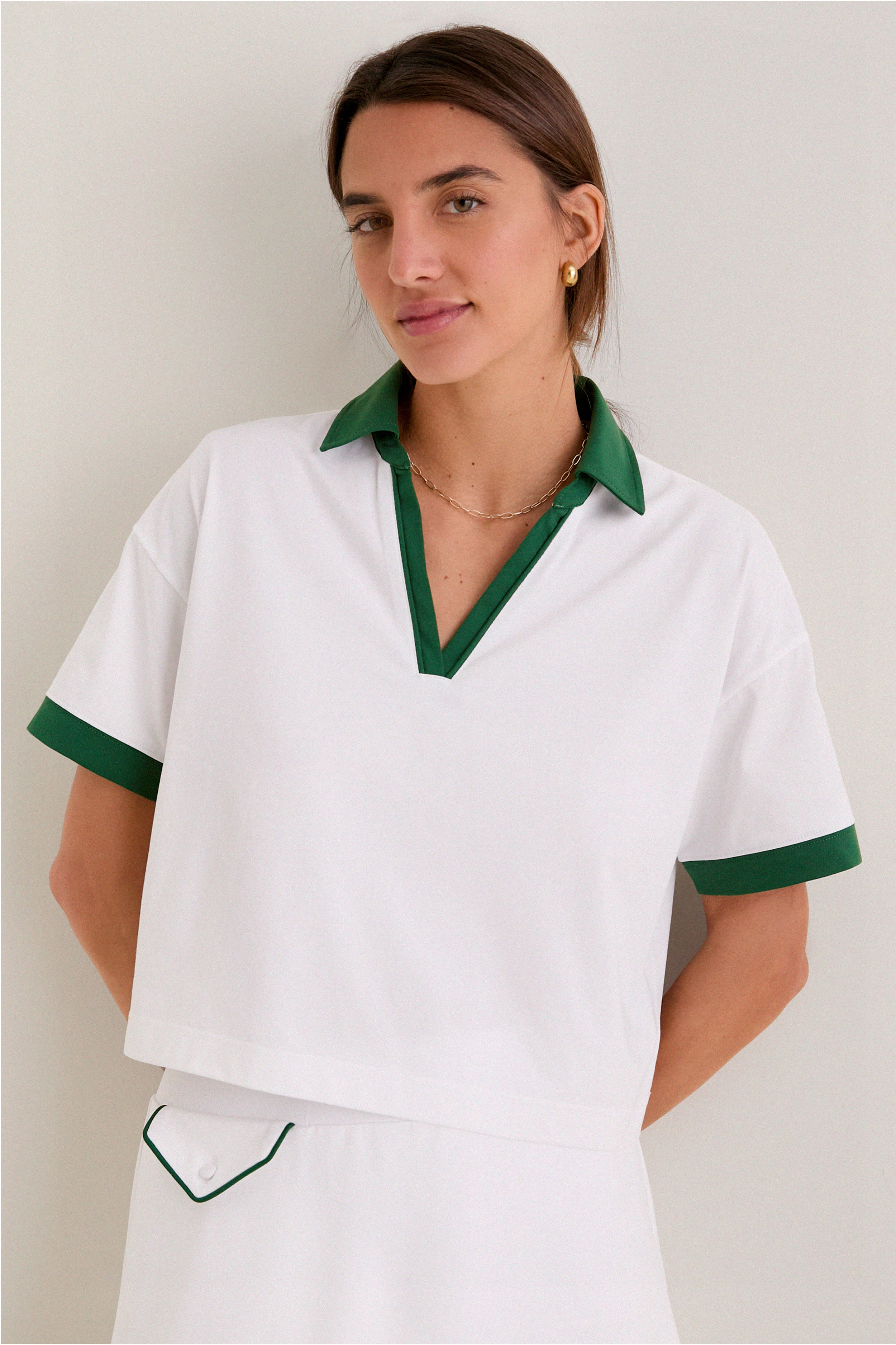 White and Eden Green Performance Cotton Cropped Carol Polo | Tnuck