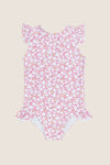 Girls Pink Bubble Floral Ruffle Cap Sleeve Rashgaurd One Piece