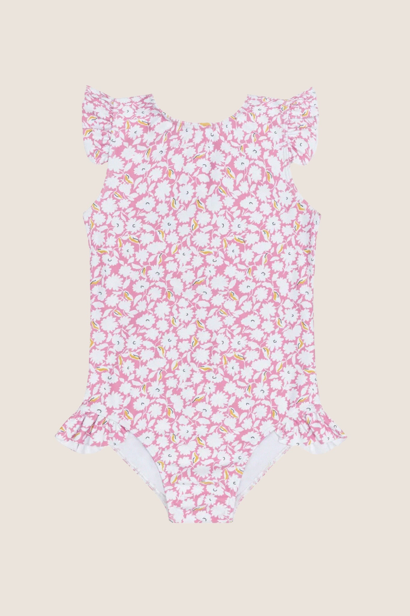 Girls Pink Bubble Floral Ruffle Cap Sleeve Rashgaurd One Piece